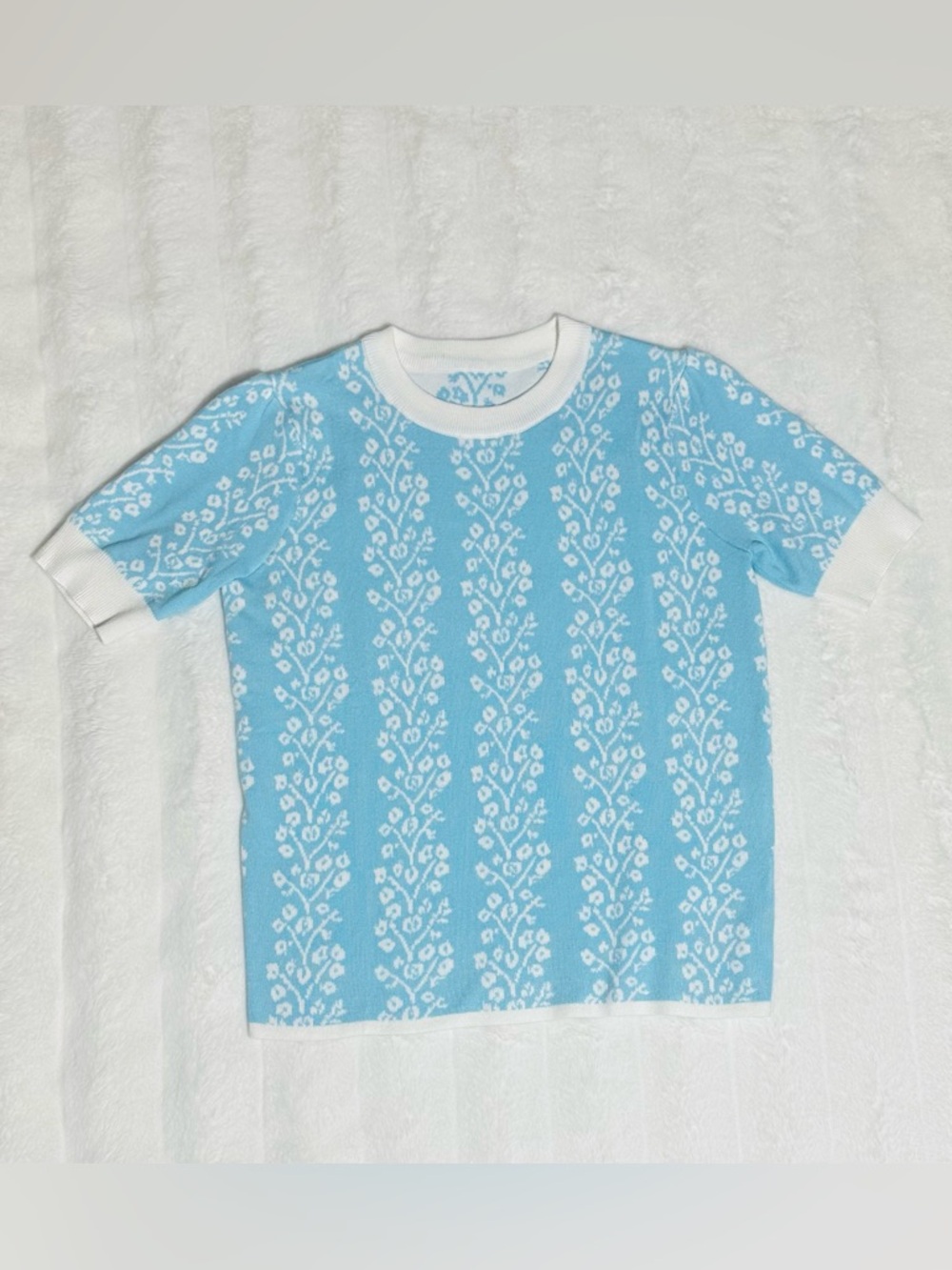 Women’s Blue Floral Knit Tee with White Trim